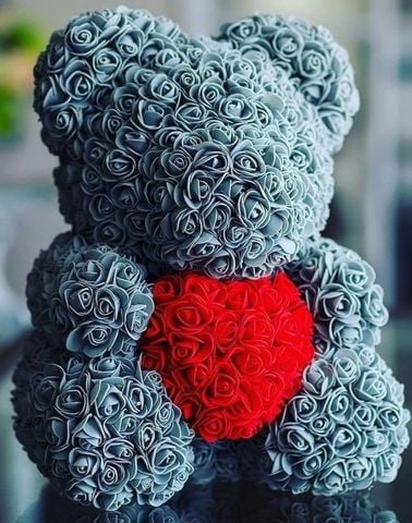 Gấu Hoa Hồng 40cm Xám Ôm Tim | Hoa Hồng Sáp Gấu Bông