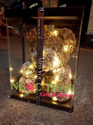 Hoa Hồng Sáp Gấu Bông 40cm Màu Xám Có Hộp Đèn