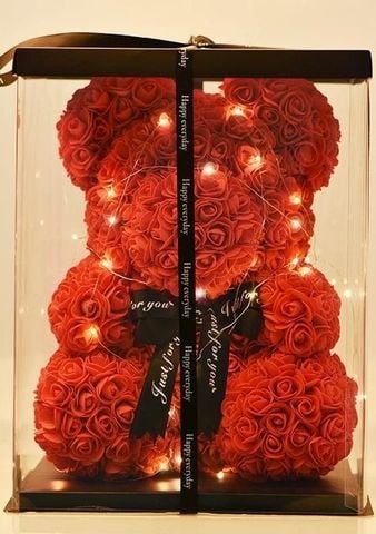 Gấu Hoa Xốp 40cm Đỏ Full Hộp Đèn | Hoa Hồng Sáp Hình Gấu Bông