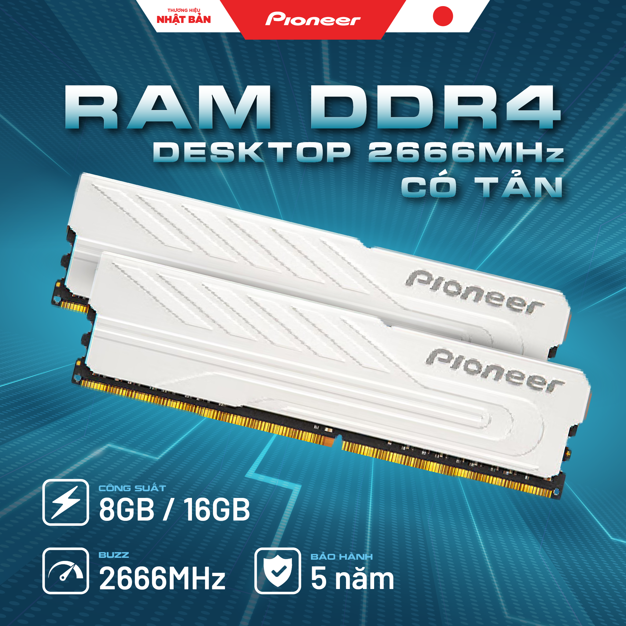 Bộ nhớ RAM PIONEER DDR4 DESTOP 16G Intel CÓ TẢN 2666MHz (chuyên cho CPU Intel)