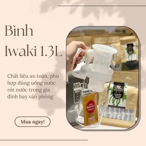  COMBO Bình nước Iwaki 1,3L có tay cầm và Túi 1kg Đậu Đen Xanh lòng Rang mộc - cỏ ngọt - hà thủ ô (chia sẵn túi lọc 50G) 