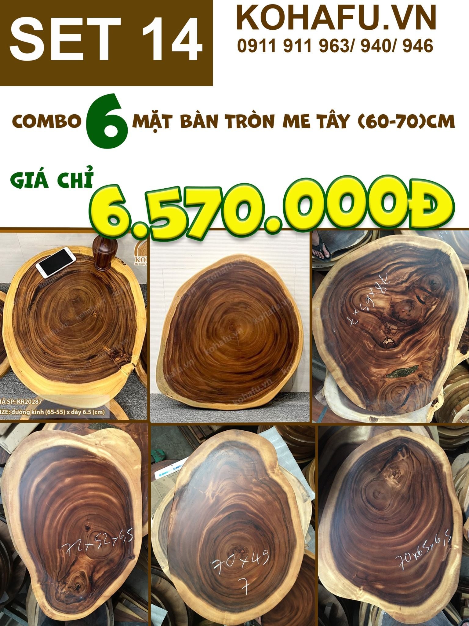 COMBO 6 MẶT BÀN TRÒN TỰ NHIÊN GỖ ME TÂY ĐỘ DÀY 7CM - SET 14