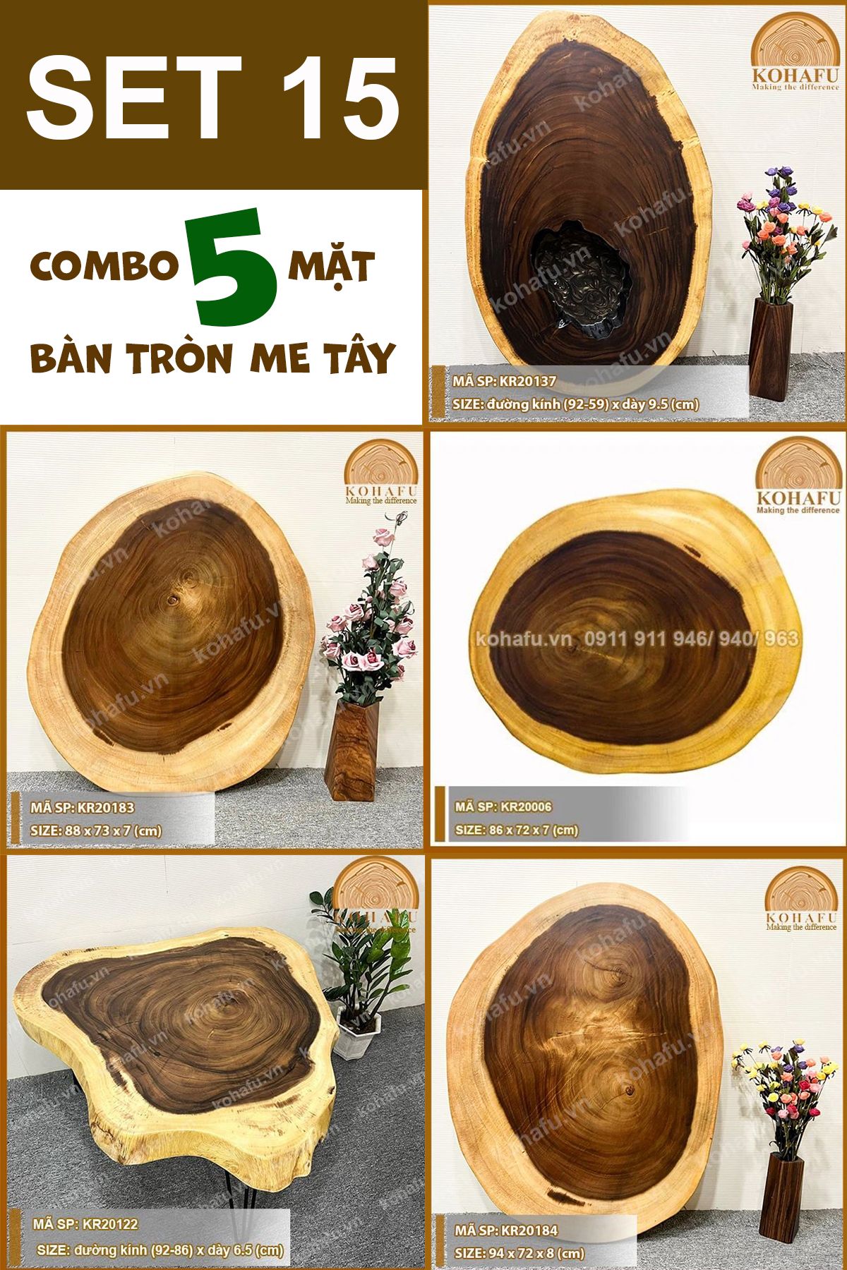 COMBO 5 MẶT BÀN TRÒN TỰ NHIÊN GỖ ME TÂY - SET 15