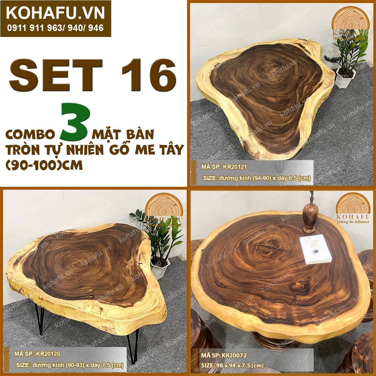 COMBO 3 MẶT BÀN TRÒN TỰ NHIÊN GỖ ME TÂY (90-100)CM - SET 16