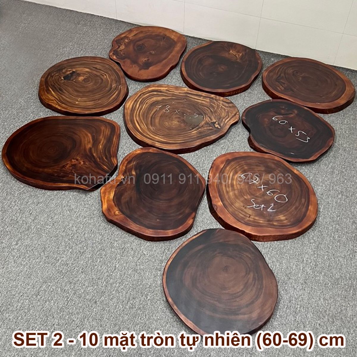 COMBO 10 MẶT BÀN TRÒN TỰ NHIÊN GỖ ME TÂY 60-69CM
