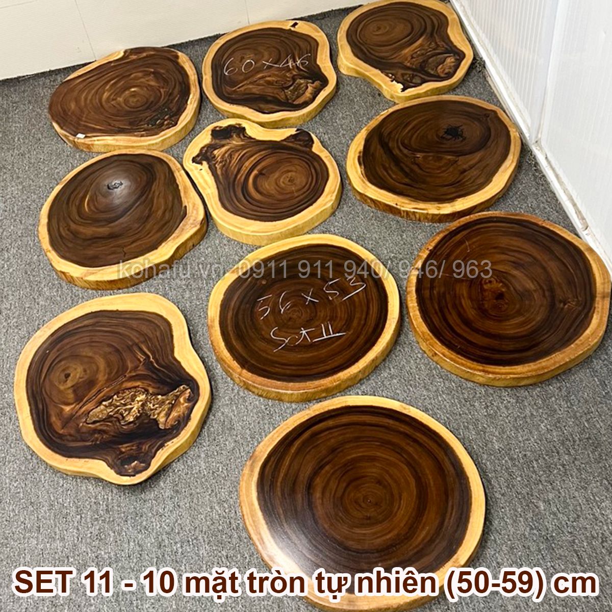 COMBO 10 MẶT BÀN TRÒN TỰ NHIÊN GỖ ME TÂY 50-59CM