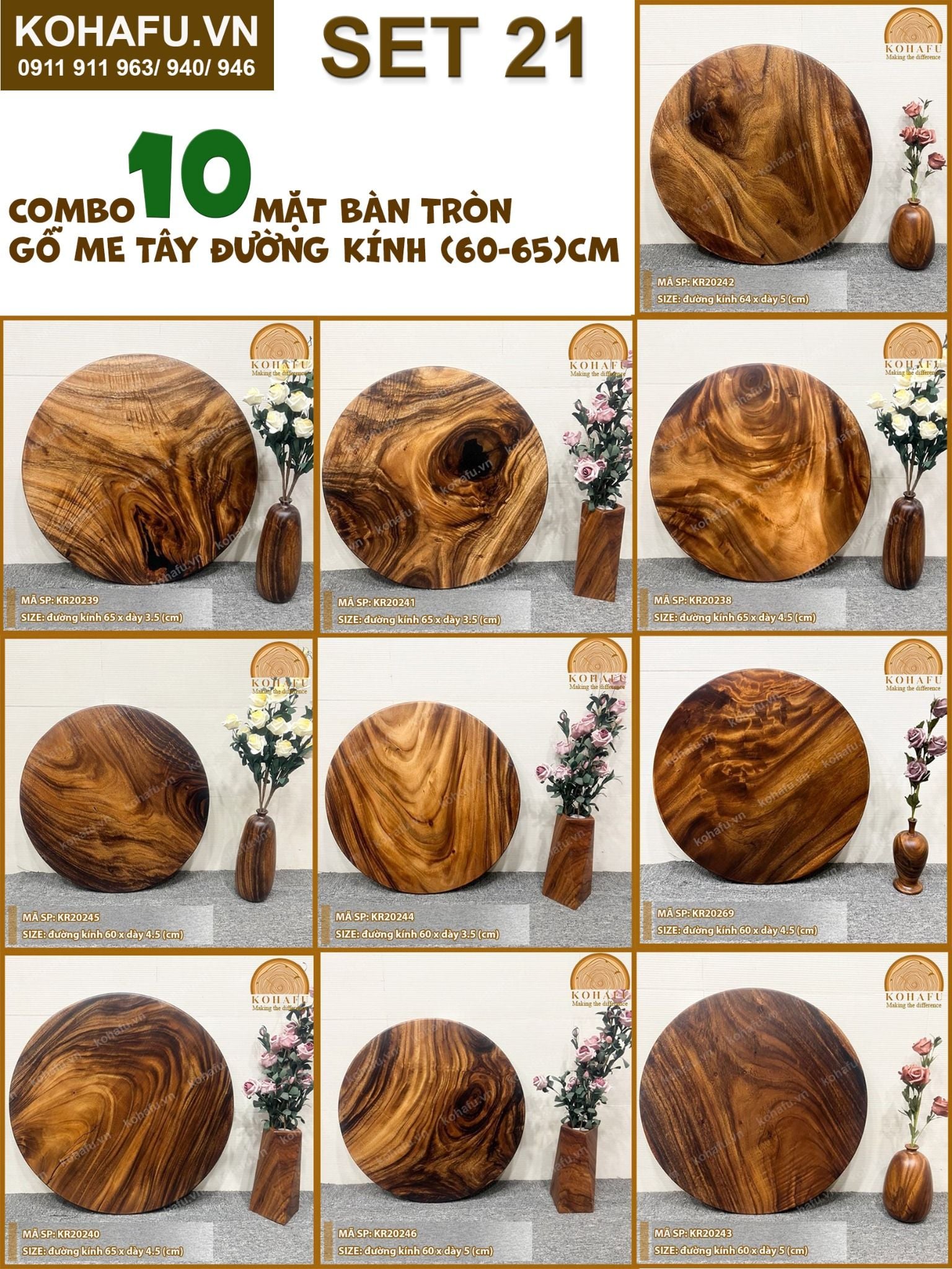 COMBO 10 MẶT BÀN TRÒN CAFE GỖ ME TÂY (60-65)CM - SET 21
