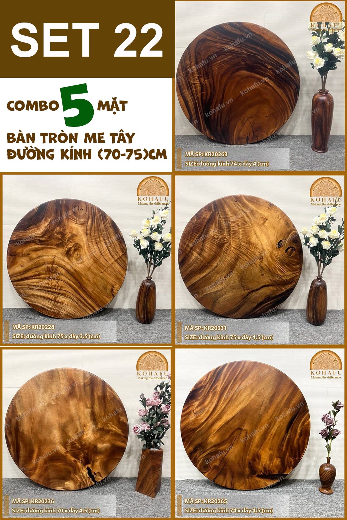 COMBO 5 MẶT BÀN TRÒN CAFE GỖ ME TÂY (70-75)CM - SET 22
