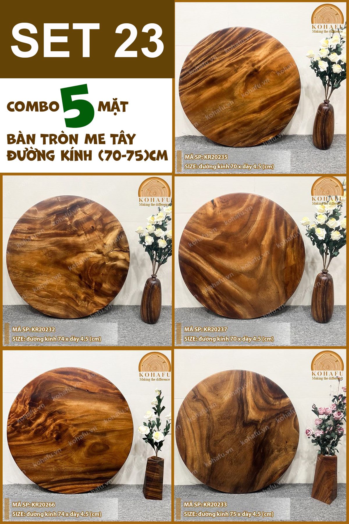 COMBO 5 MẶT BÀN TRÒN CAFE GỖ ME TÂY (70-75)CM - SET 23