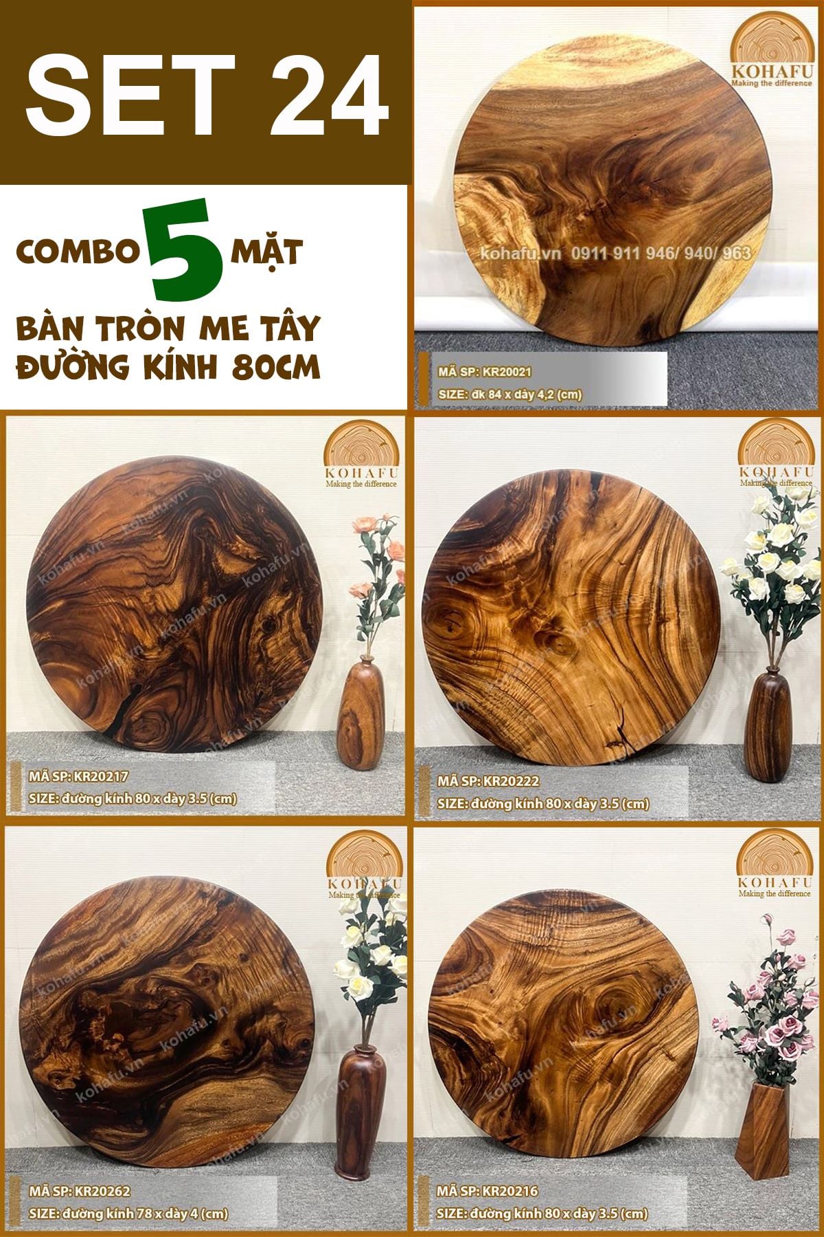 COMBO 5 MẶT BÀN TRÒN CAFE GỖ ME TÂY 80CM - SET 24