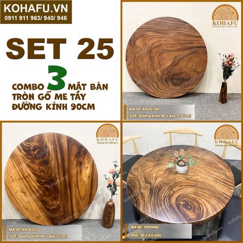 COMBO 3 MẶT BÀN TRÒN GỖ ME TÂY 90CM - SET 25
