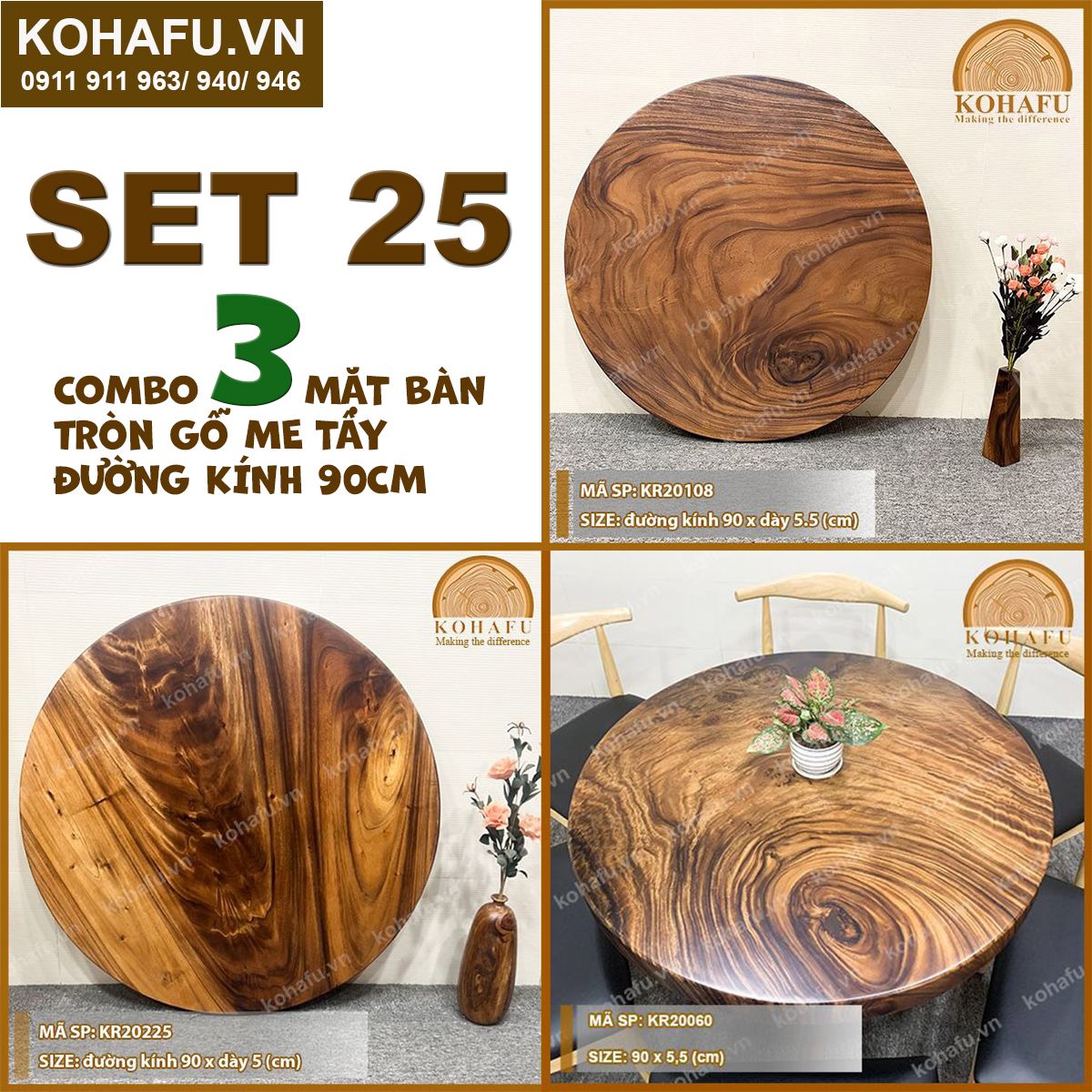 COMBO 3 MẶT BÀN TRÒN GỖ ME TÂY 90CM - SET 25