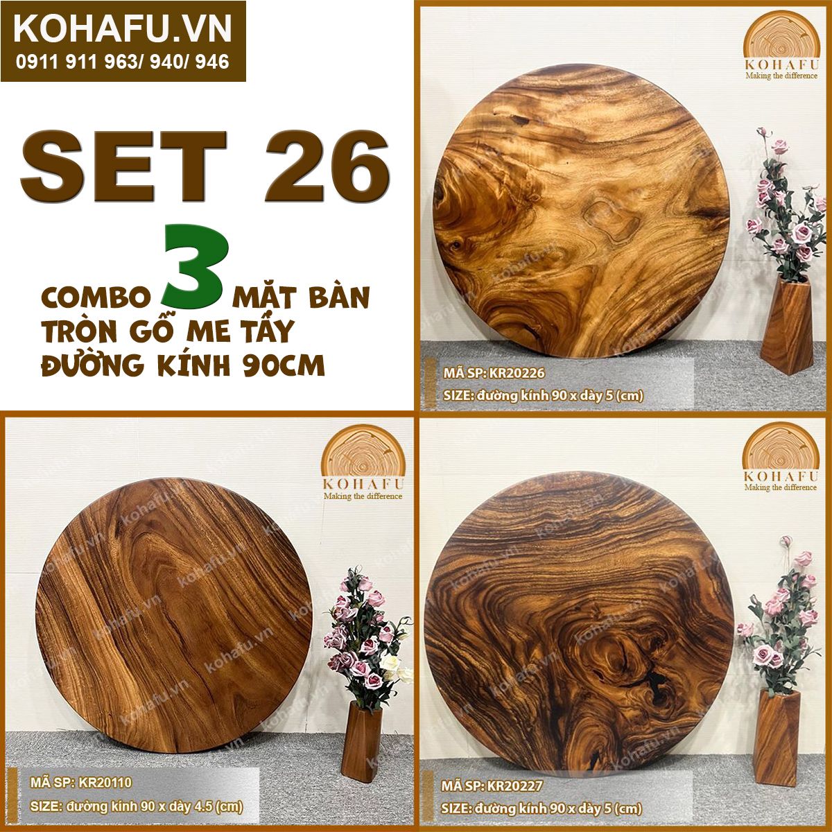 COMBO 3 MẶT BÀN TRÒN GỖ ME TÂY 90CM - SET 26