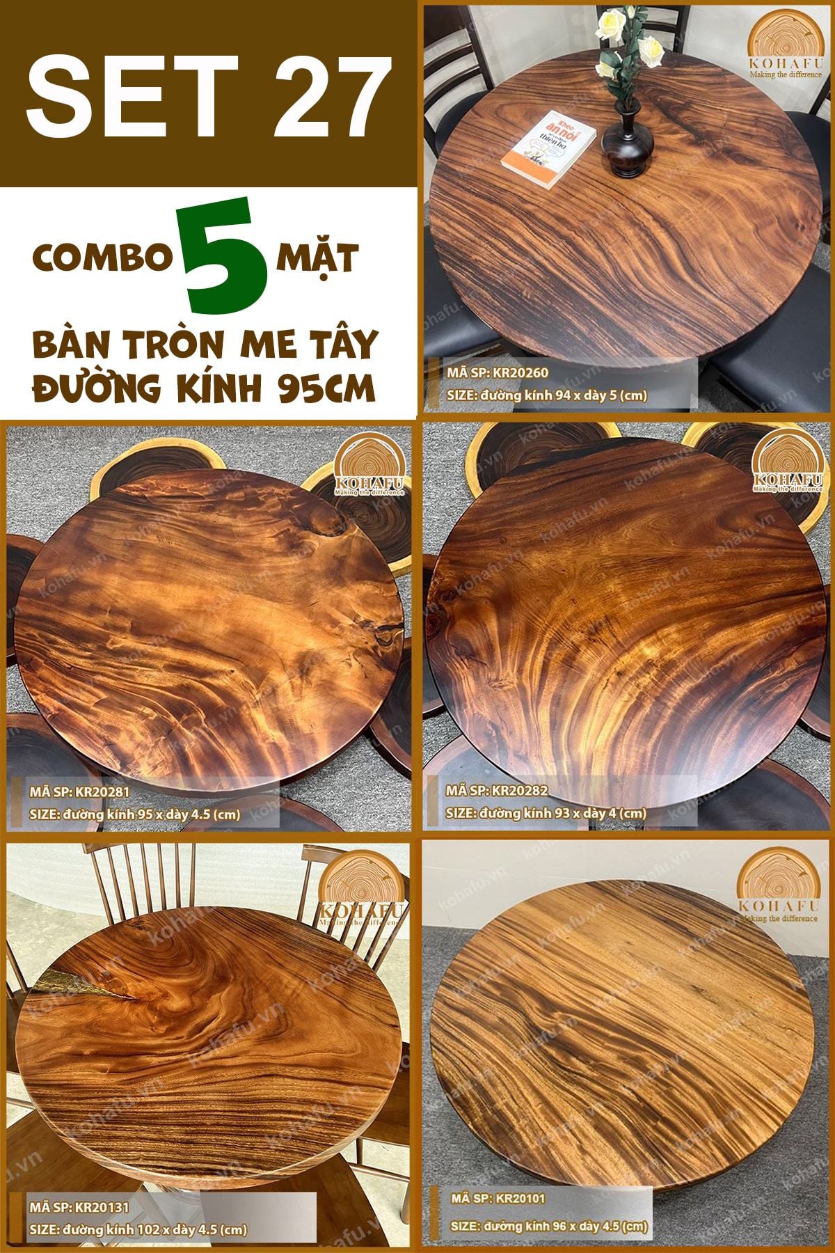 COMBO 5 MẶT BÀN TRÒN GỖ ME TÂY 95CM - SET 27