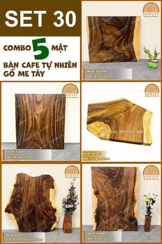 COMBO 5 MẶT BÀN DÀI CAFE GỖ ME TÂY KIỂU DÁNG TỰ NHIÊN - SET 30