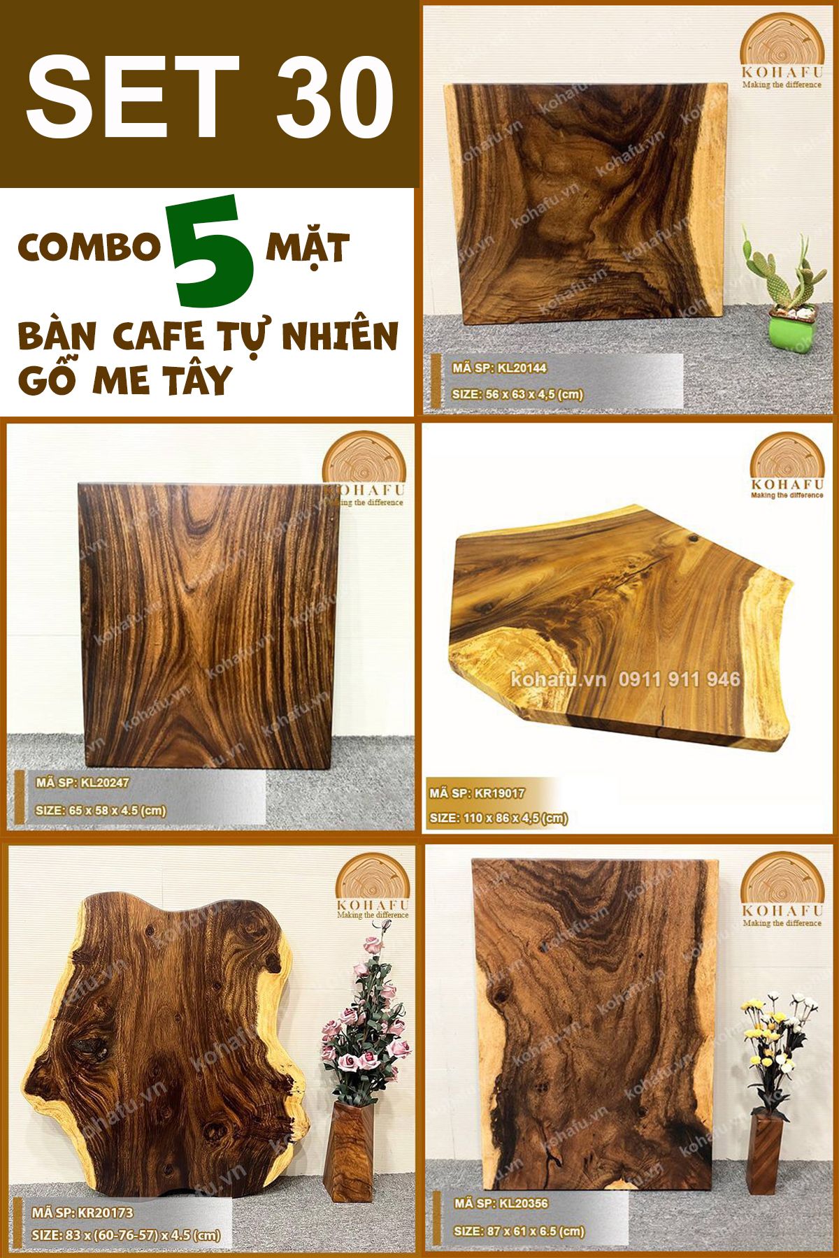 COMBO 5 MẶT BÀN DÀI CAFE GỖ ME TÂY KIỂU DÁNG TỰ NHIÊN - SET 30