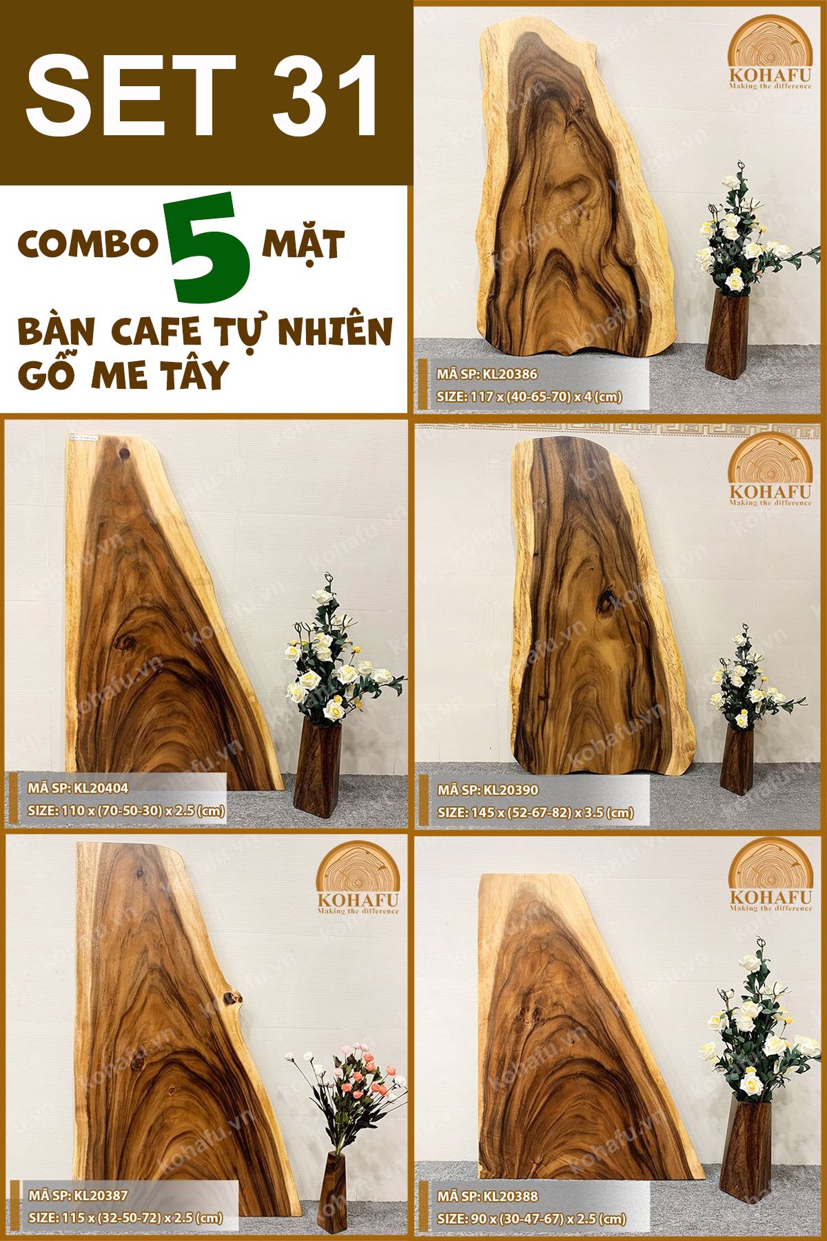 COMBO 5 MẶT BÀN DÀI CAFE GỖ ME TÂY KIỂU DÁNG TỰ NHIÊN - SET 31