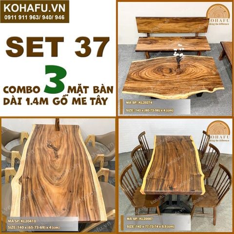 COMBO 3 MẶT BÀN DÀI 1.4M GỖ ME TÂY NGUYÊN TẤM - SET 37