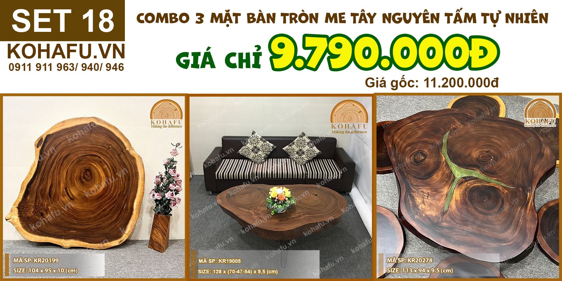 COMBO 3 MẶT BÀN TRÒN TỰ NHIÊN GỖ ME TÂY (100-110)CM - SET 18