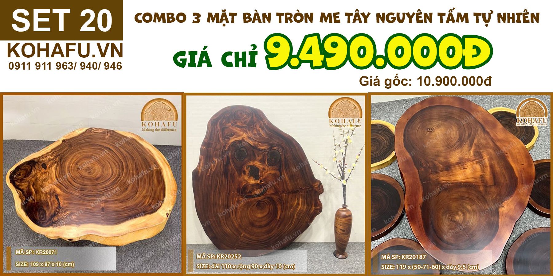 COMBO 3 MẶT BÀN TRÒN TỰ NHIÊN GỖ ME TÂY (90-110)CM - SET 20