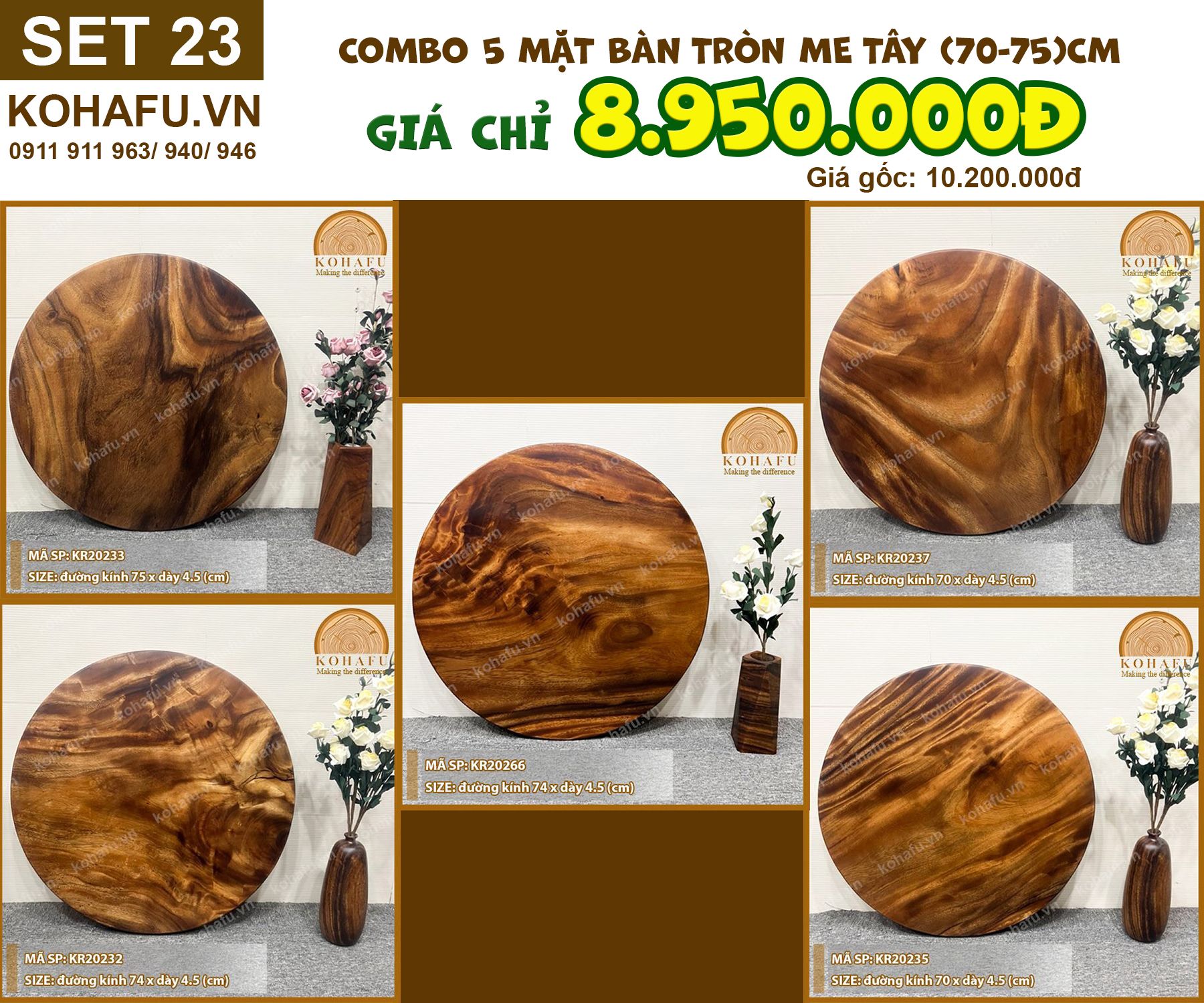 COMBO 5 MẶT BÀN TRÒN CAFE GỖ ME TÂY (70-75)CM - SET 23