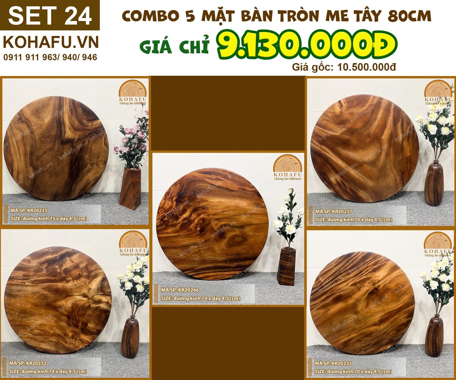 COMBO 5 MẶT BÀN TRÒN CAFE GỖ ME TÂY 80CM - SET 24