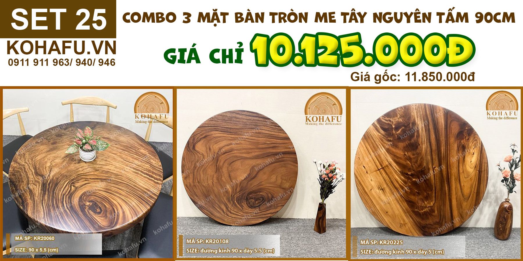 COMBO 3 MẶT BÀN TRÒN GỖ ME TÂY 90CM - SET 25
