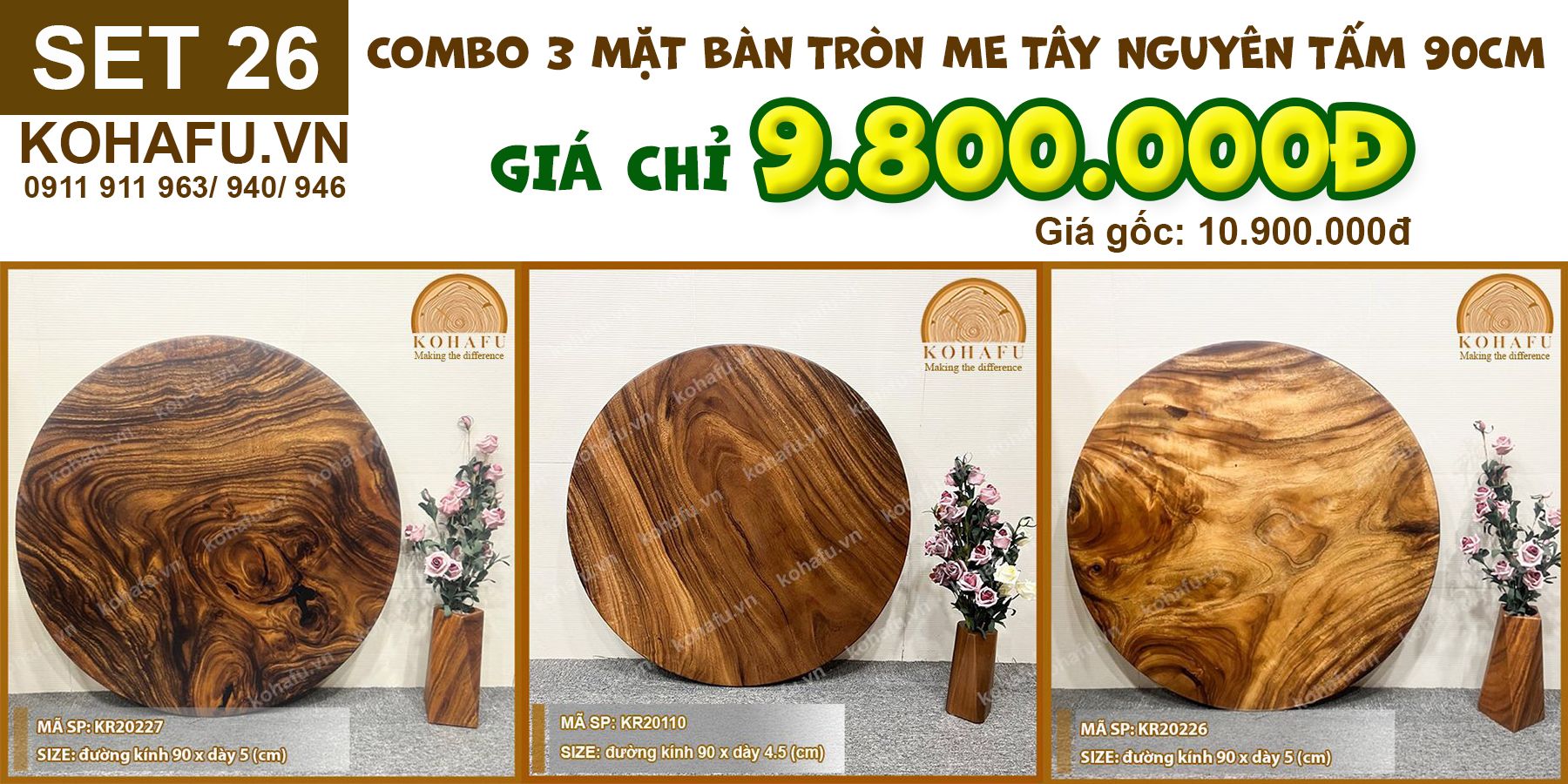 COMBO 3 MẶT BÀN TRÒN GỖ ME TÂY 90CM - SET 26