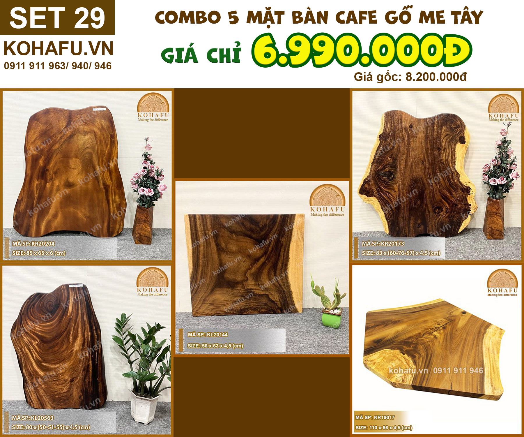 COMBO 5 MẶT BÀN CAFE GỖ ME TÂY KIỂU DÁNG TỰ NHIÊN - SET 29