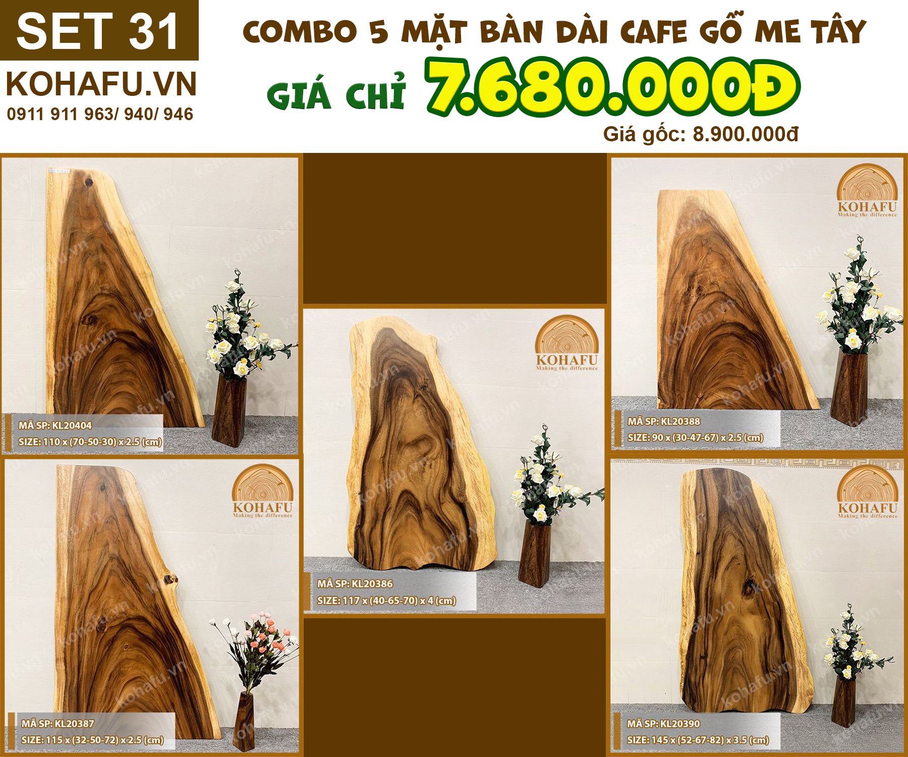 COMBO 5 MẶT BÀN DÀI CAFE GỖ ME TÂY KIỂU DÁNG TỰ NHIÊN - SET 31