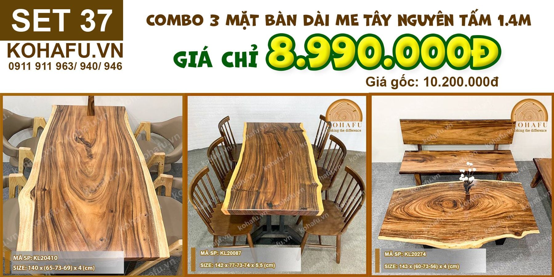 COMBO 3 MẶT BÀN DÀI 1.4M GỖ ME TÂY NGUYÊN TẤM - SET 37