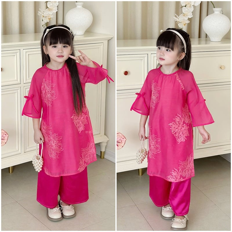 Áo dài bé gái tơ đính nơ