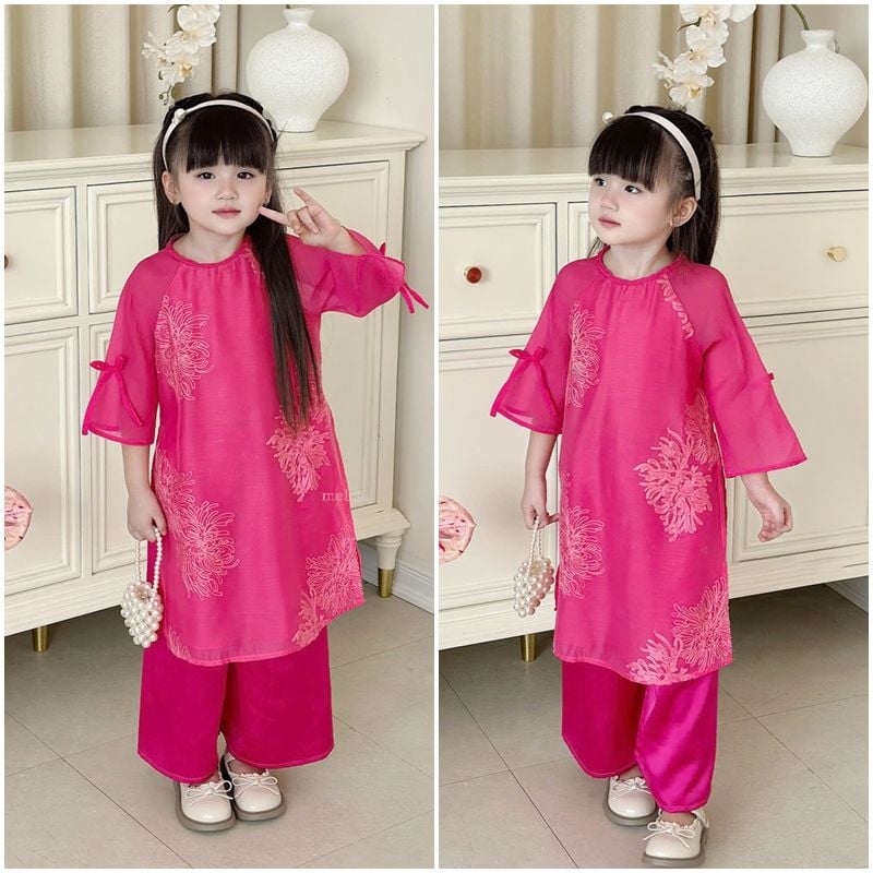 Áo dài bé gái tơ đính nơ