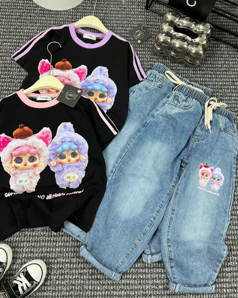 Bộ jean baggy bé gái cặp đôi Baby Three