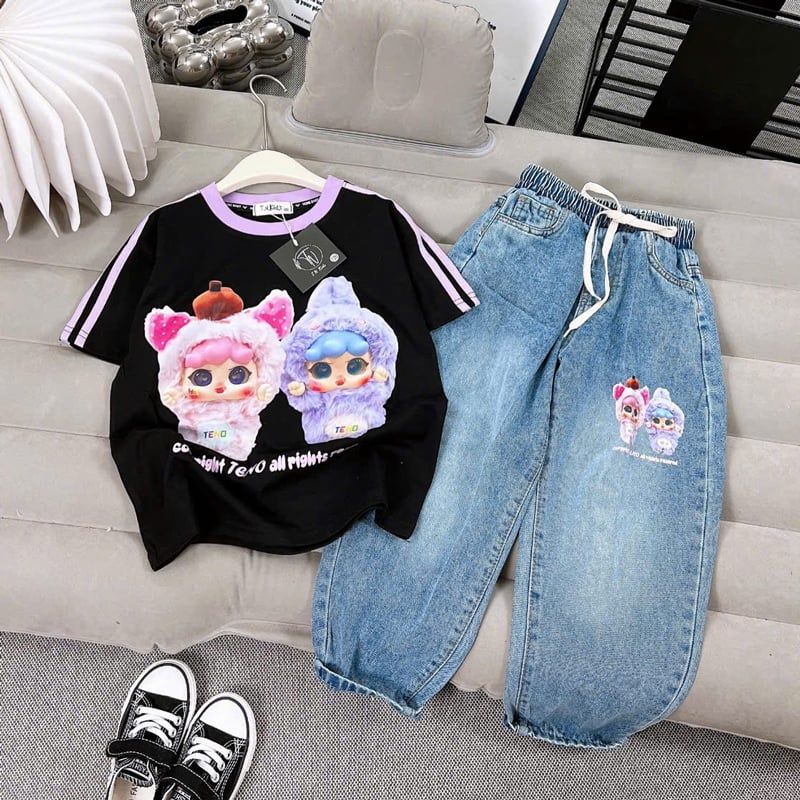 Bộ jean baggy bé gái cặp đôi Baby Three