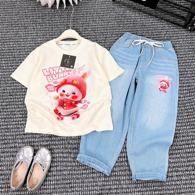 Bộ jean baggy bé gái Little Bunny
