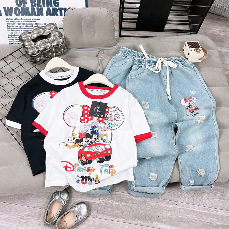 Bộ jean baggy bé gái Mickey Disney
