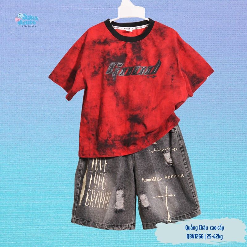 Bộ jean loang bé trai Quảng Châu chữ Good