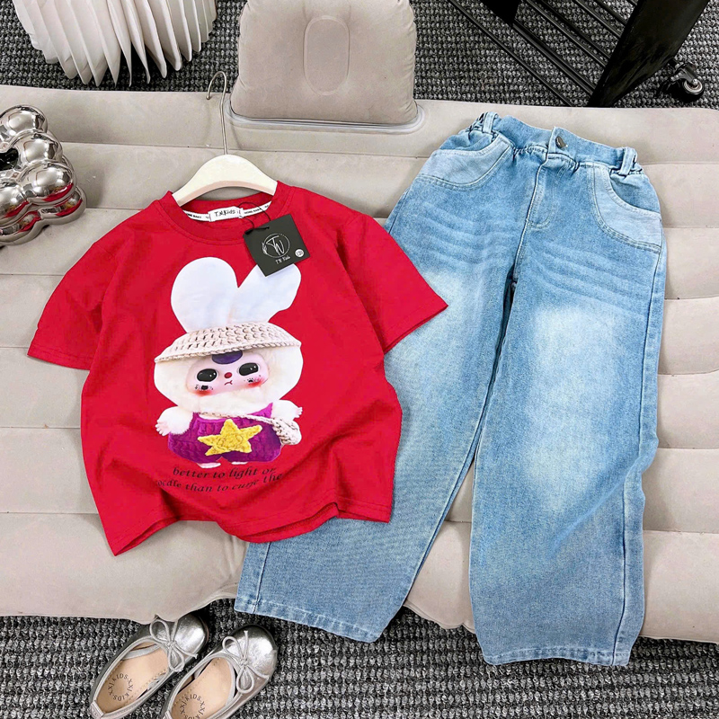 Bộ jean dài bé gái Baby Three nón