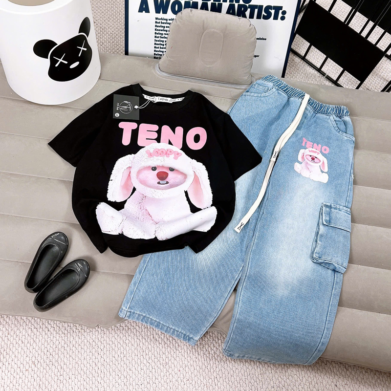 Bộ jean dài bé gái Teno