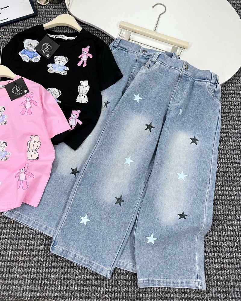 Bộ jean dài bé gái gấu Teddy