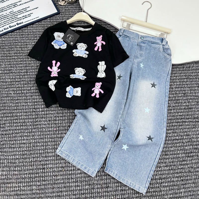 Bộ jean dài bé gái gấu Teddy