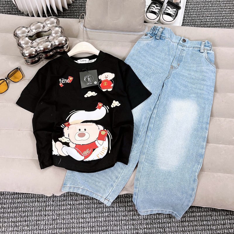 Bộ jean dài bé gái gấu Teno