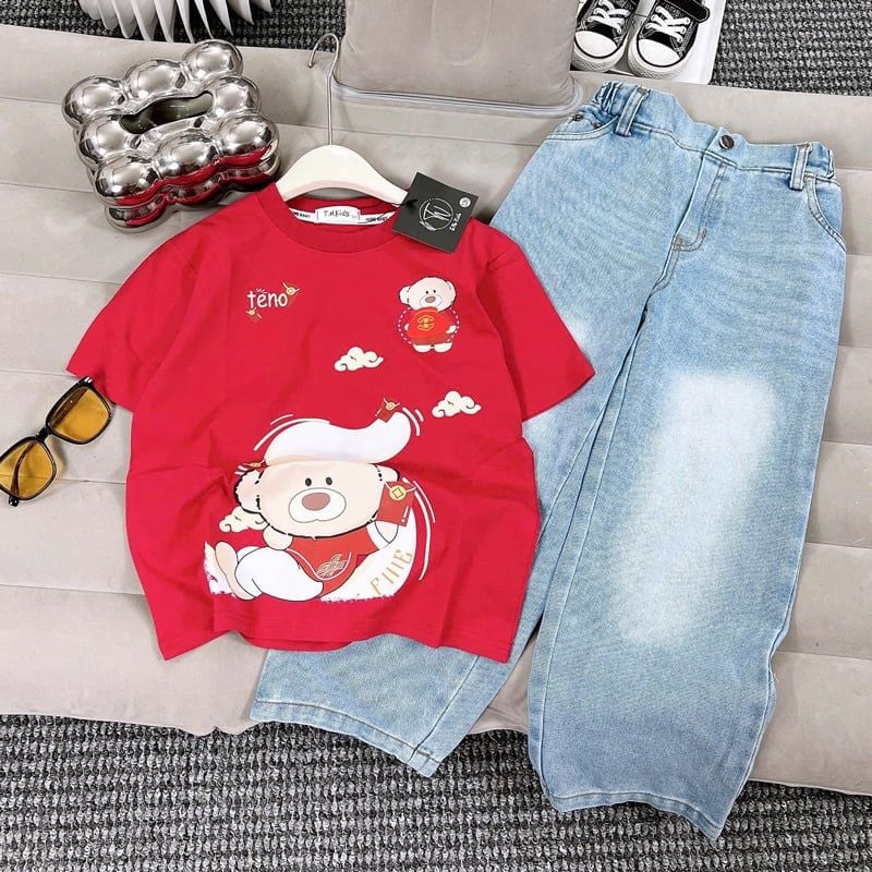 Bộ jean dài bé gái gấu Teno