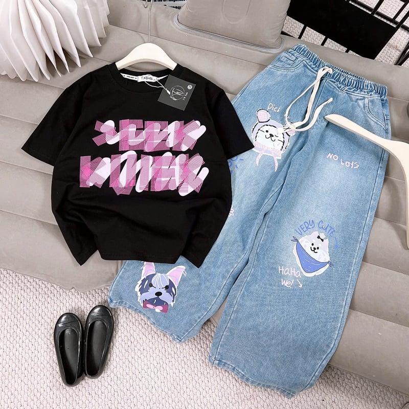 Bộ jean dài bé gái chữ Kuiek