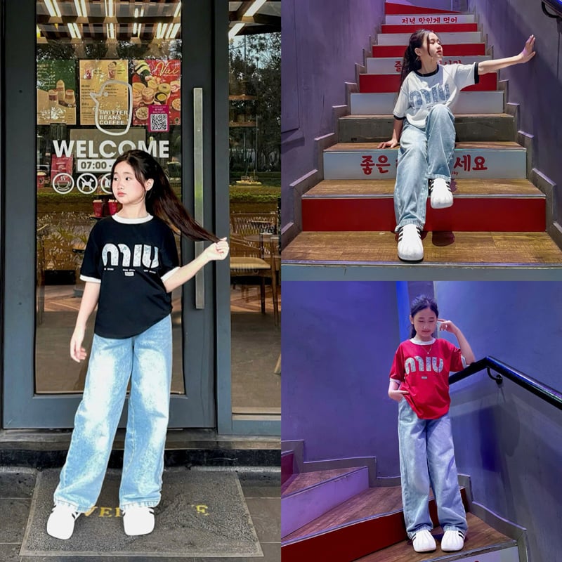 Bộ jean dài bé gái in chữ Miu