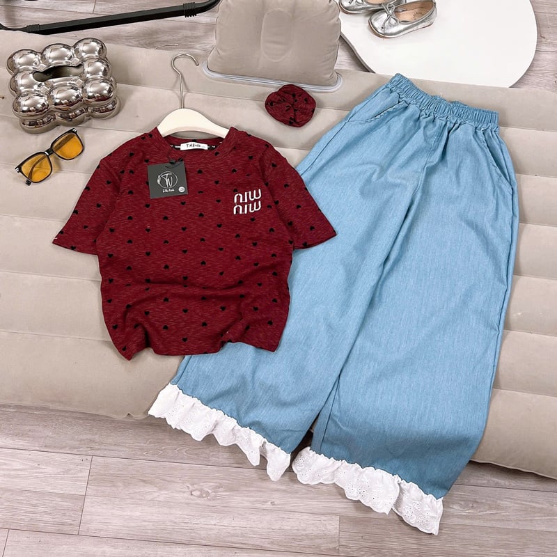 Bộ jean dài bé gái MIU trái tim