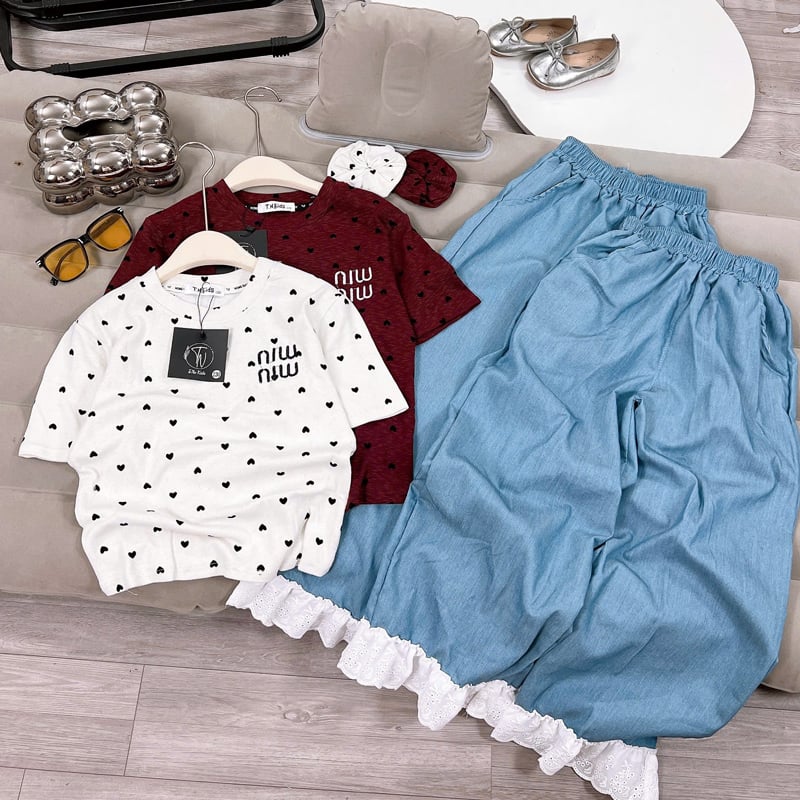 Bộ jean dài bé gái MIU trái tim