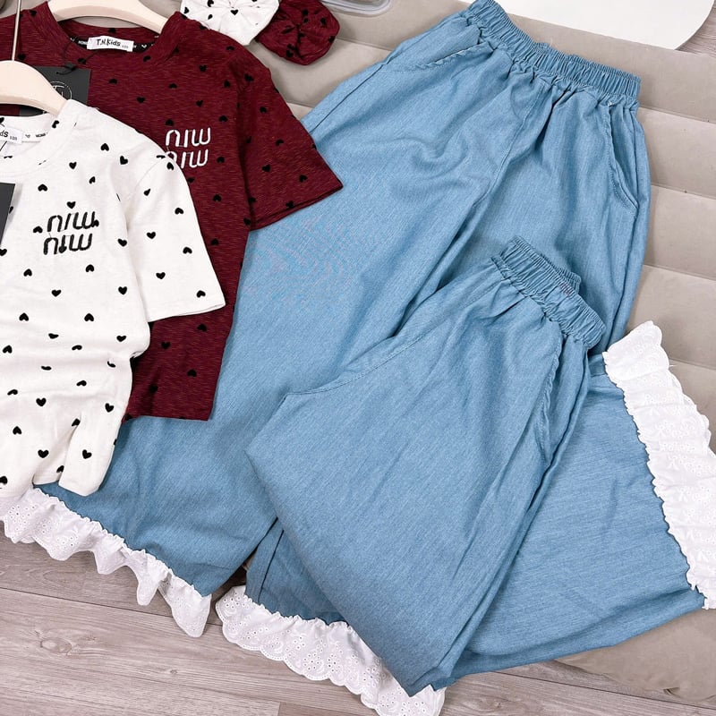 Bộ jean dài bé gái MIU trái tim