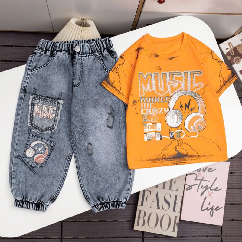 Bộ jean jogger bé trai Music